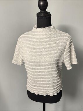 H&M White Smocked Textured Mock Neck Short Sleeve Top